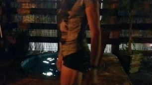 Alexa Cosmic swimming in pool after sauna in new t-shirt and black short sexy shorts. Wetlook in sauna.