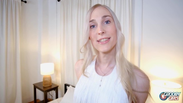 GROOBYGIRLS - Horny blonde Tgirl masturbating and fingering herself anal