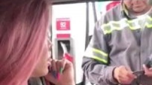 Gia Itzel show her tits to dispatcher of gas station, beautiful shemale big tits
