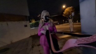 Leashed pink slut flashes and cums in public