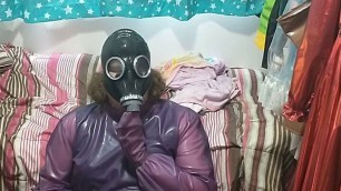 Latex Jelly Loose Purple Body Suit over Swimsuit Gasmask Breathplay Vibrator