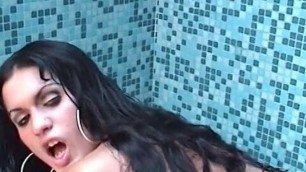 Tranny leans on bathtub to suck cock as second dude pounds her ass with his dick