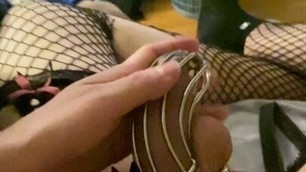 Mistress tortures her caged cock