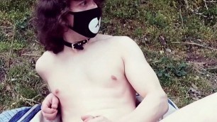 Cute femboy pet jerking off nude in the woods