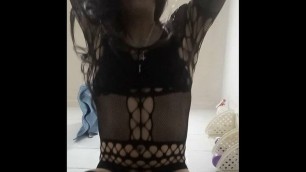 Cute Colombian crossdresser wearing sexy lingerie shoves dildo inside her ass, masturbates herself and cums