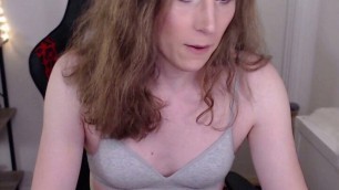 Cute transgirl in grey stockings cums hard