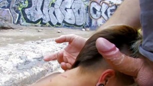 Horny tattoed blond teen with pierced nipples takes deepthroat on beach