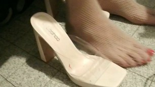 my feet and cock in pantyhose and white high heels