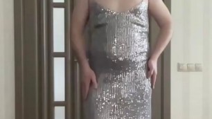 Sequin silver maxi dress on a crossdresser tranny sissy slut