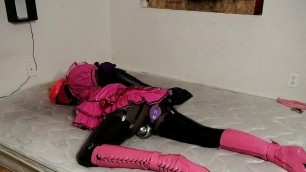 Sissy Maids Self Bondage Armbinder, Gagged and Blindfolded in Chastity and Ballet Boots