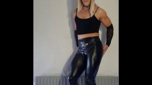 Blonde Crossdresser Jessie= Black Leather Look Leggings- Wine Slow Dance