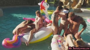 Pornstar shemales enjoy bareback anal orgy outdoor by pool