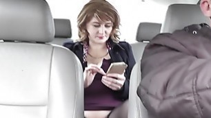 In public under skirt without panties. Taxi driver transports in car in back seat passenger sexy blondy mommy Milf Frina, who forgot to wear panties