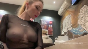 Flashing her Big Boobs in Transparent Top in Public Cafe.